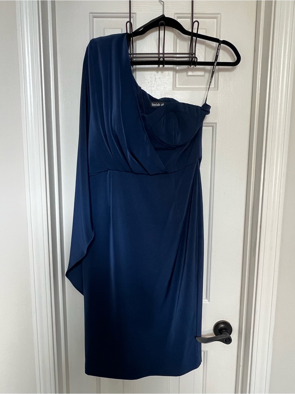 Lavish Alice Deep Navy One-Shoulder Draped Cocktail Dress